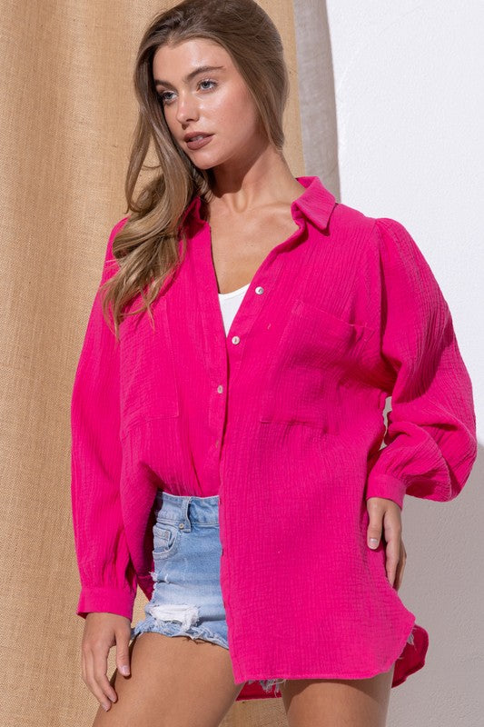 TEXTURED GAUZE BUTTON DOWN PUFF SLEEVES BLOUSE TOP