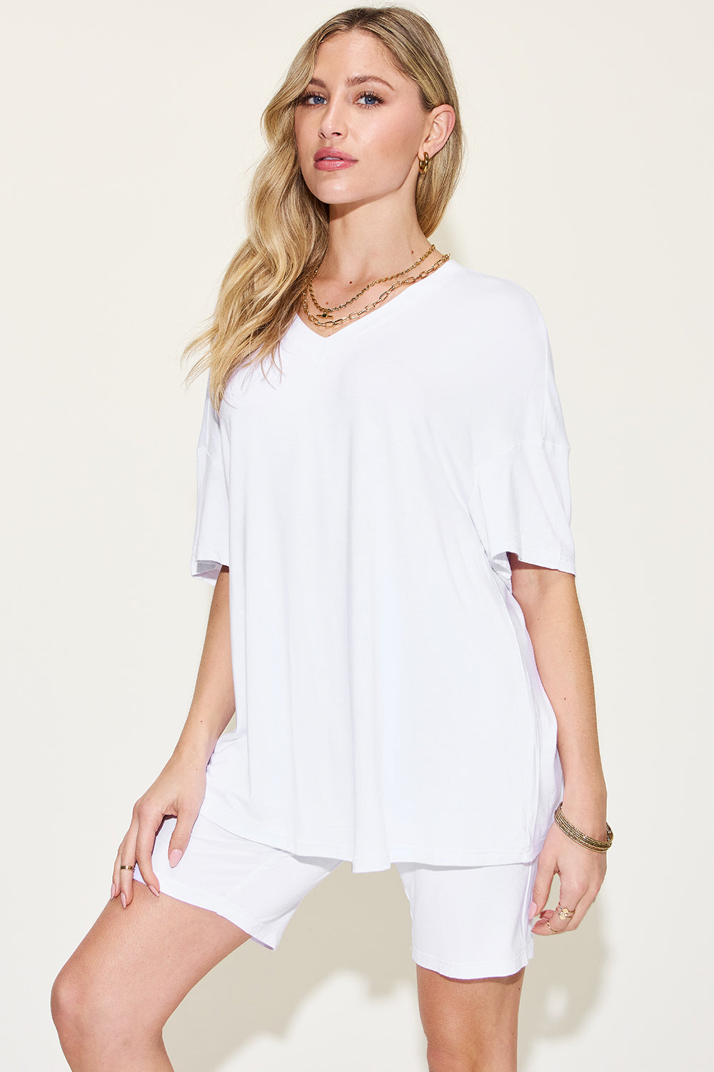 Full Size V-Neck Drop Shoulder T-Shirt and Shorts Set