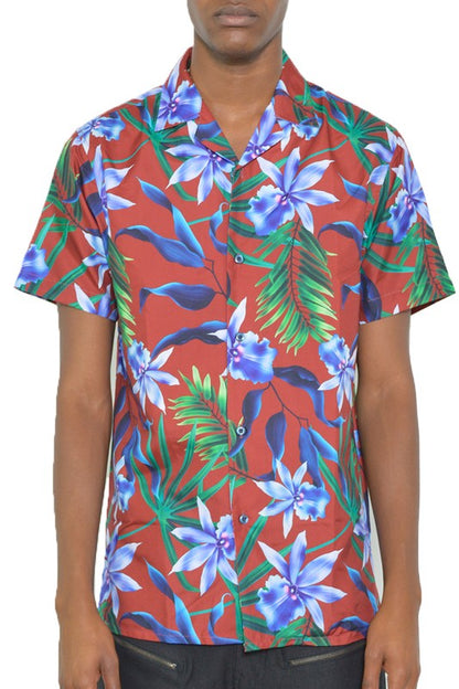 Tropical Print Red Button Down Shirt