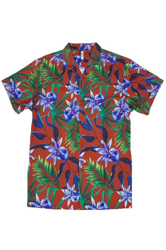 Tropical Print Red Button Down Shirt