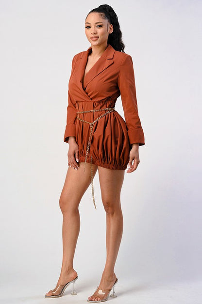 Terracotta Trench Romper with Gold Chain Belt