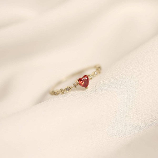 14K Gold Red Heart Crystal Ring