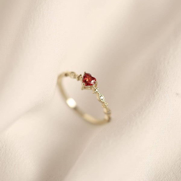 14K Gold Red Heart Crystal Ring