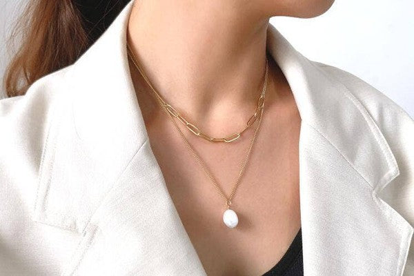 18K Gold Pearl Double Chain Necklace