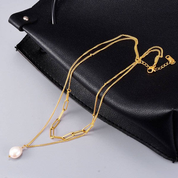 18K Gold Pearl Double Chain Necklace