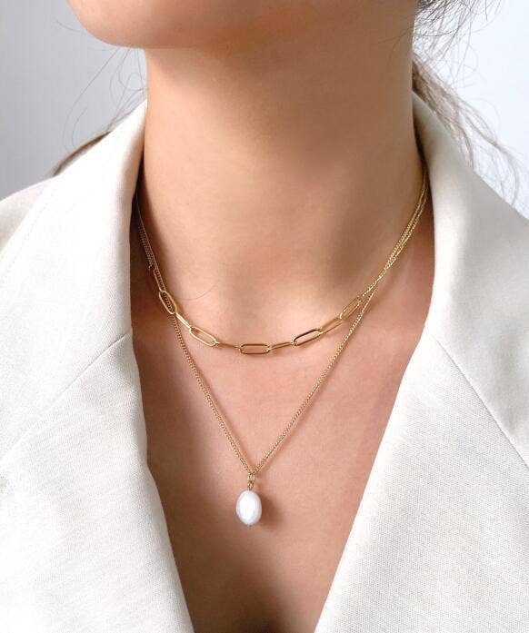 18K Gold Pearl Double Chain Necklace