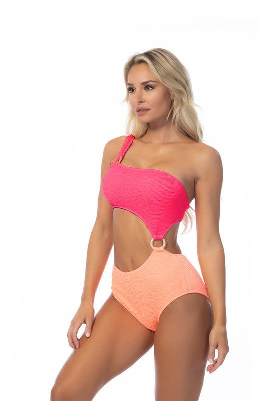 Textured Two Tone One Shoulder One Piece Swimweear