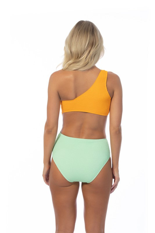 Textured Two Tone One Shoulder One Piece