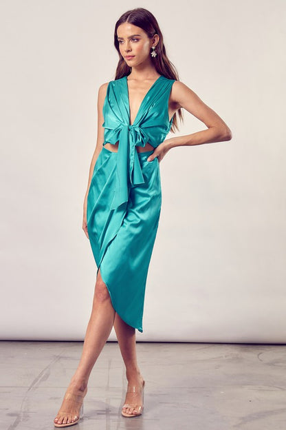 Front Tie Slit Wrap Midi Dress