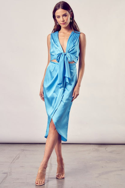 Front Tie Slit Wrap Midi Dress