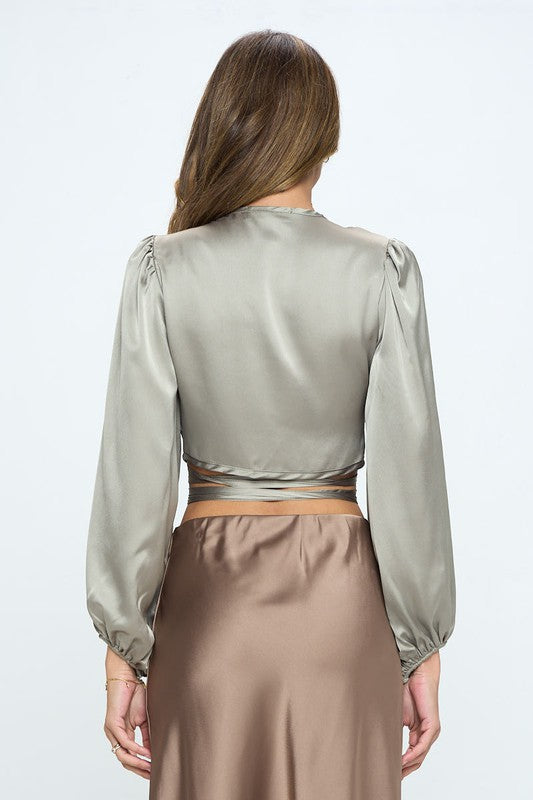 Silky Satin Wrap Crop Top with Tie