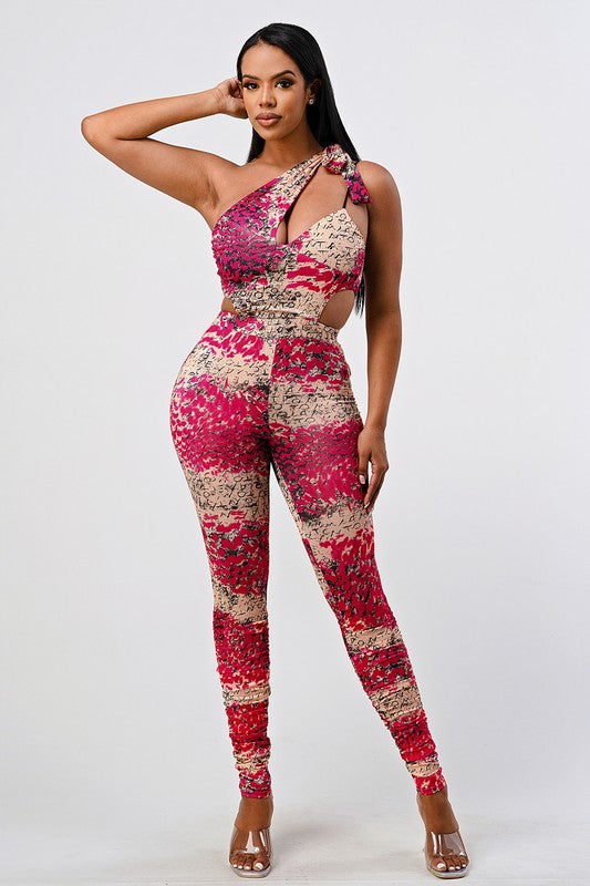 Animal One-Shoulder Tie Jumpsuit