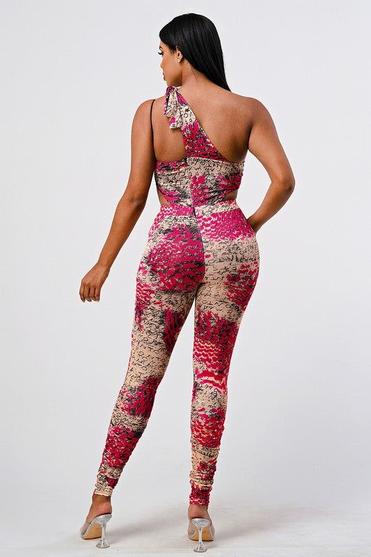 Animal One-Shoulder Tie Jumpsuit