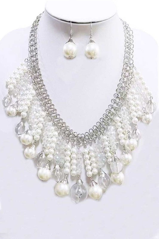 Pearl And Clear Beads Statement Necklace Set