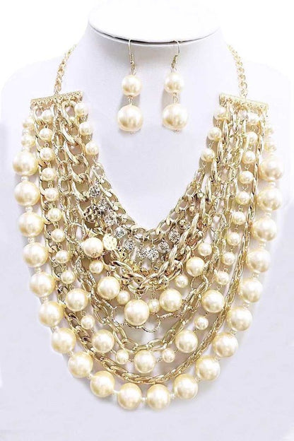 Layered Pearls Statement Necklace Set