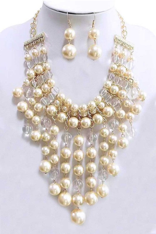 Mix Pearl Clear Beads Drop Statement Necklace Set