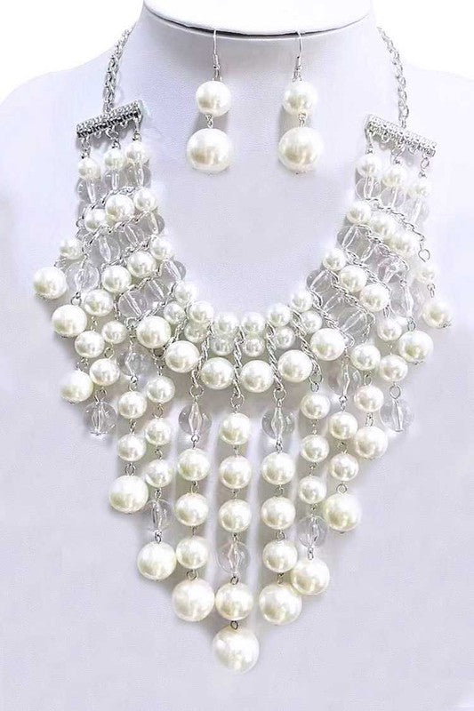 Mix Pearl Clear Beads Drop Statement Necklace Set