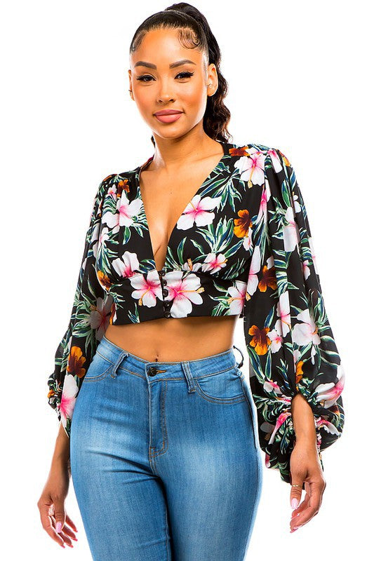 Floral Print Bubble Sleeves Crop Top Blouse