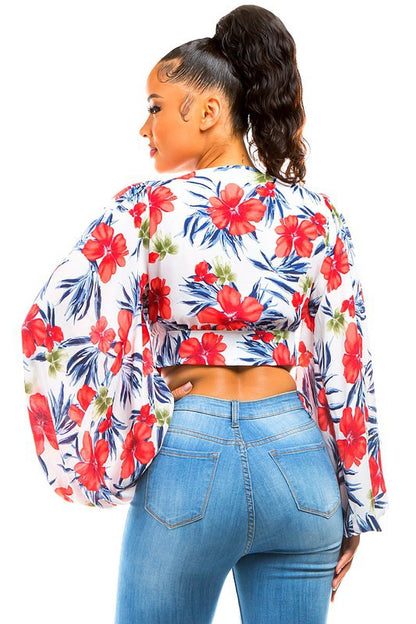 Floral Print Bubble Sleeves Crop Top Blouse