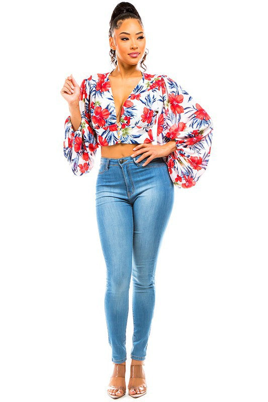 Floral Print Bubble Sleeves Crop Top Blouse