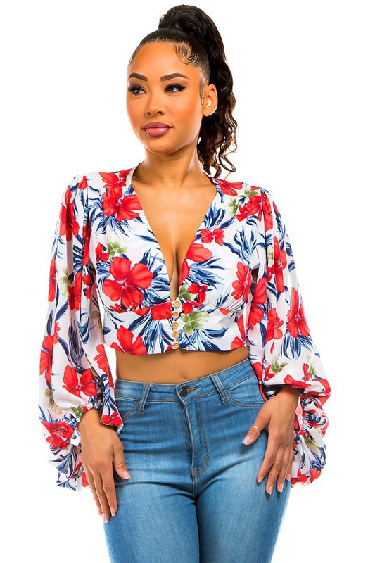 Floral Print Bubble Sleeves Crop Top Blouse