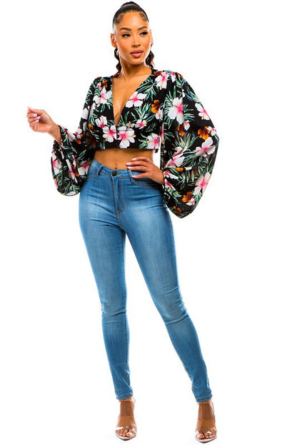 Floral Print Bubble Sleeves Crop Top Blouse