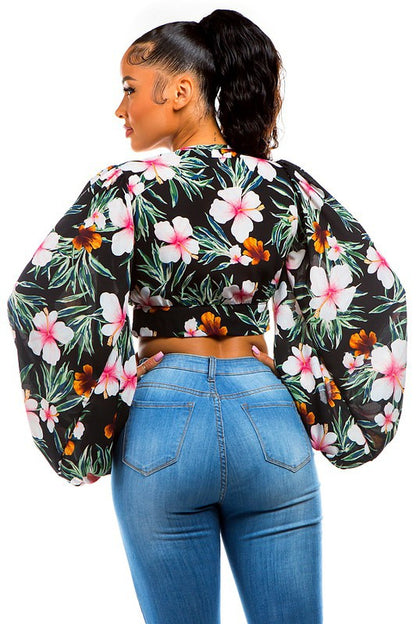 Floral Print Bubble Sleeves Crop Top Blouse