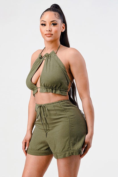 Sexy casual two pcs crop top and short set