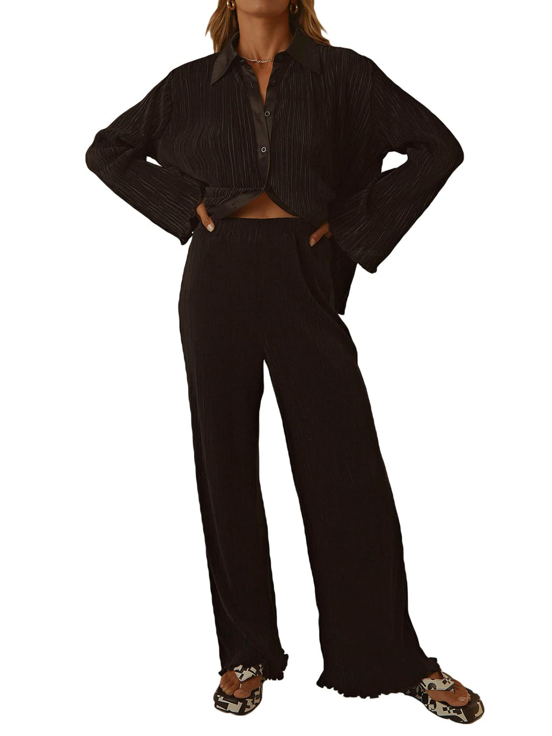 Collared Neck Long Sleeve Top and Pants Lounge Set