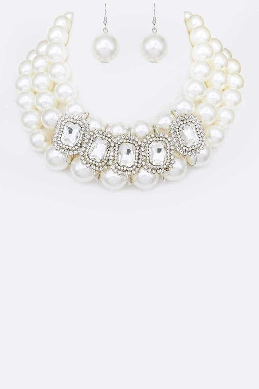 Crystal Baguette Stone Layer Pearl Collar Necklace