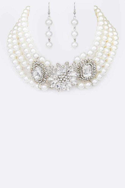 Crystal Flower Layer Pearl Choker Necklace Set