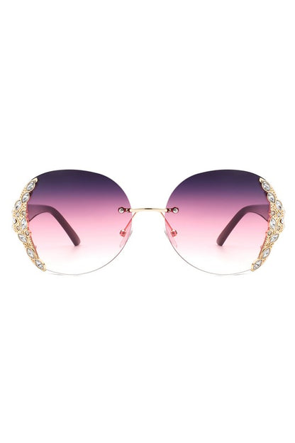 Women Rimless Round Rhinestone Oversize Sunglasses