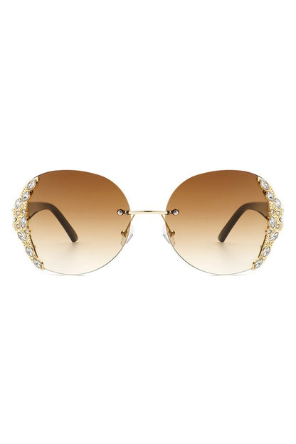 Women Rimless Round Rhinestone Oversize Sunglasses