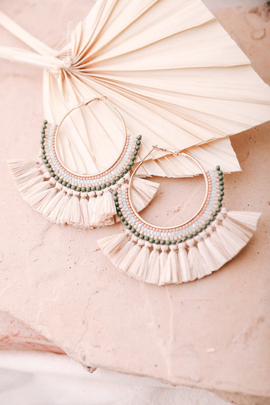 Natural Bead and Raffia Fan Hoop Earrings