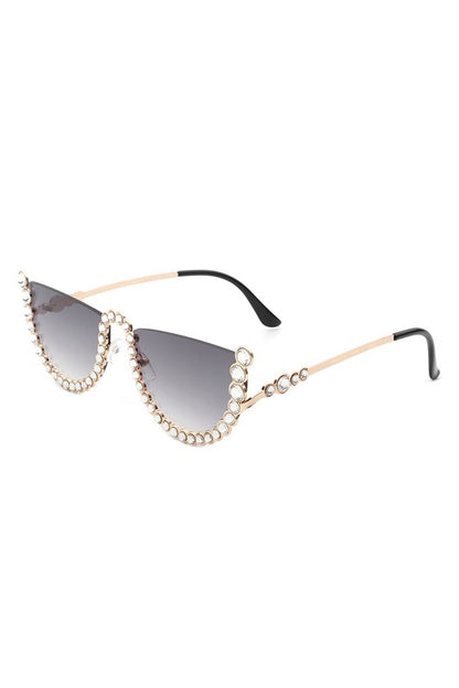 Half Frame Rhinestone Round Fashion Sunglasses