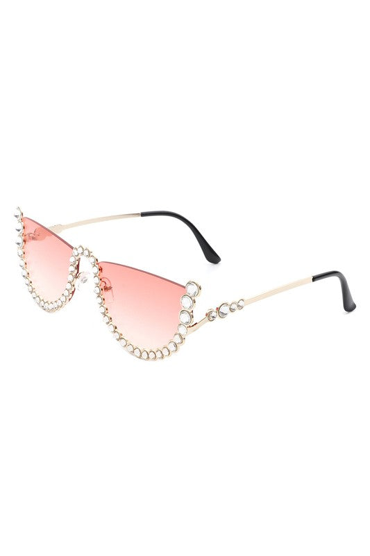 Half Frame Rhinestone Round Fashion Sunglasses