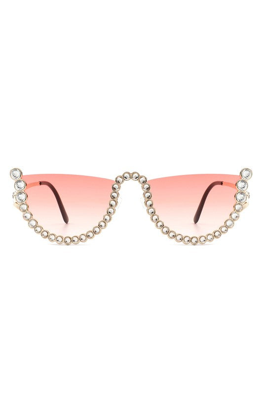 Half Frame Rhinestone Round Fashion Sunglasses