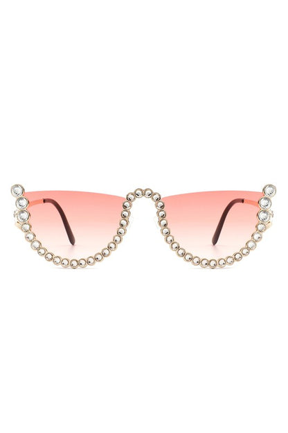 Half Frame Rhinestone Round Fashion Sunglasses