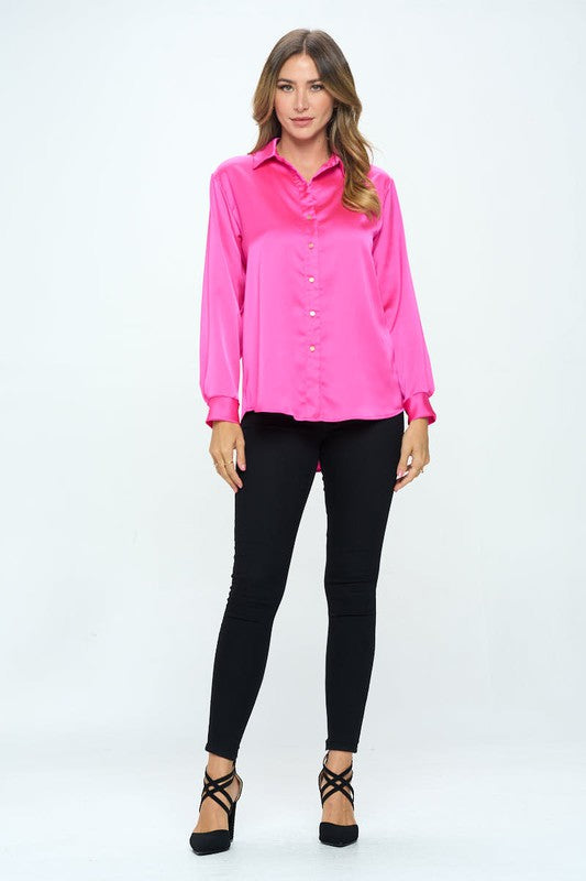 Stretch Satin V neck Blouse with Collar