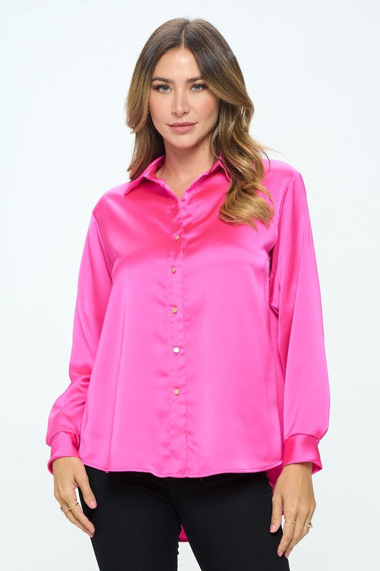 Stretch Satin V neck Blouse with Collar