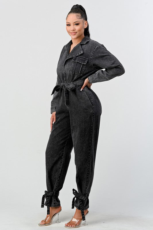 Black Washed Denim Tie Detail Jumpsuit