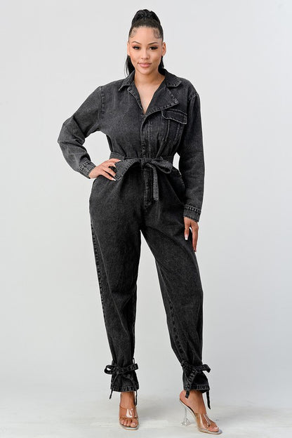 Black Washed Denim Tie Detail Jumpsuit