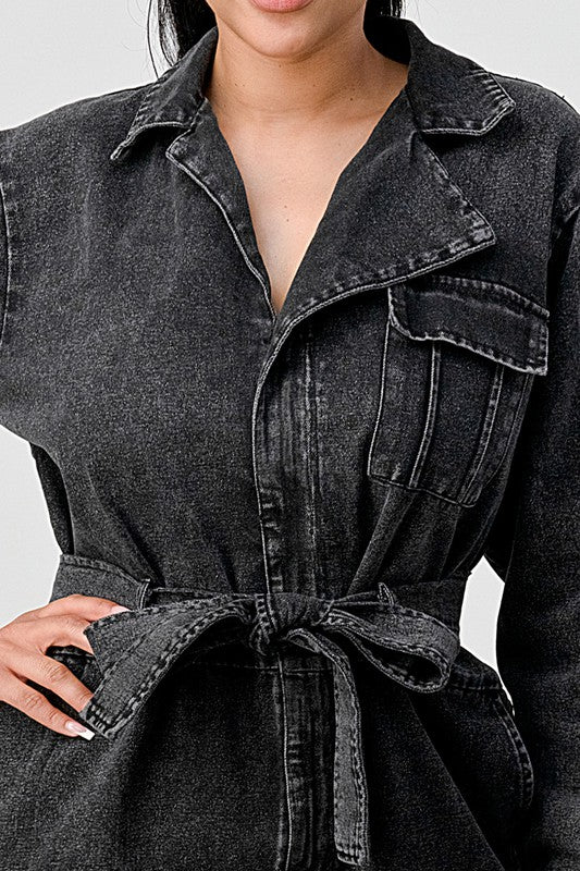 Black Washed Denim Tie Detail Jumpsuit