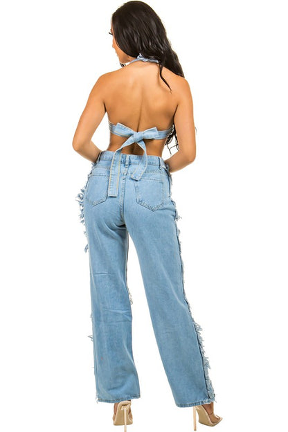 SEXY DENIM TWO PIECE PANT SET