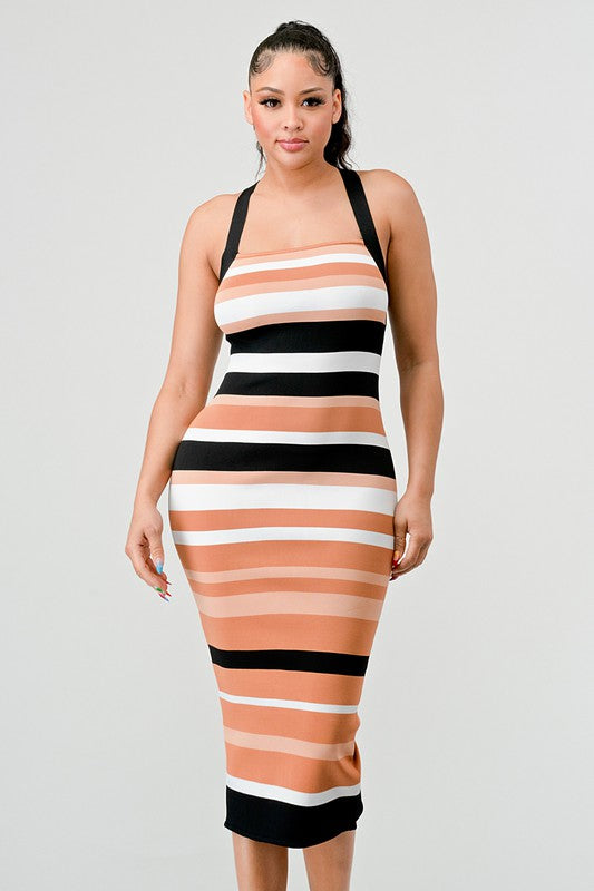 STRIPED BANDAGE MIDI DRESS