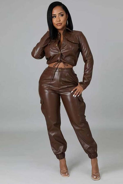 Sexy PU Leather 2 Piece Pants Set