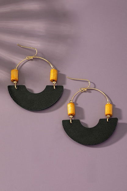 Leather and metal arch earrings with wood beads