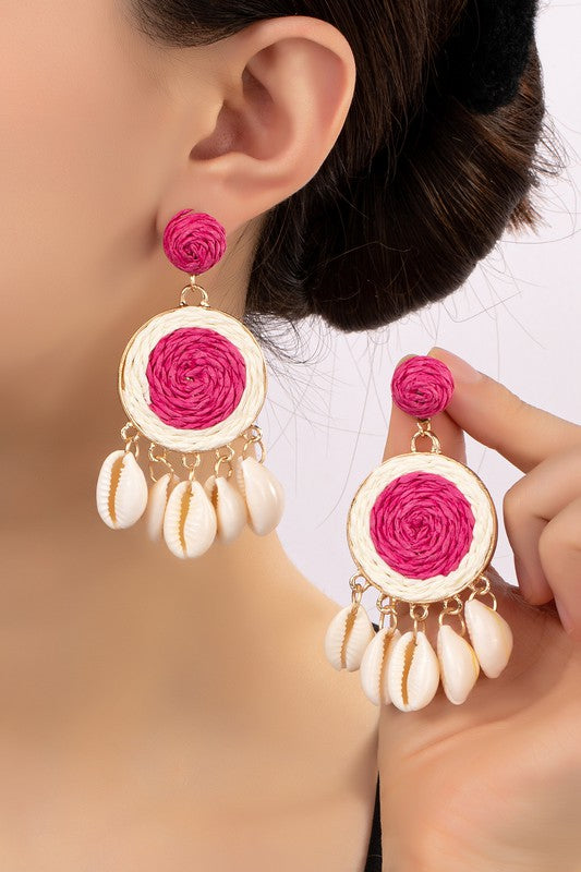 Raffia Straw Disk Earrings with Puka Shell Drops