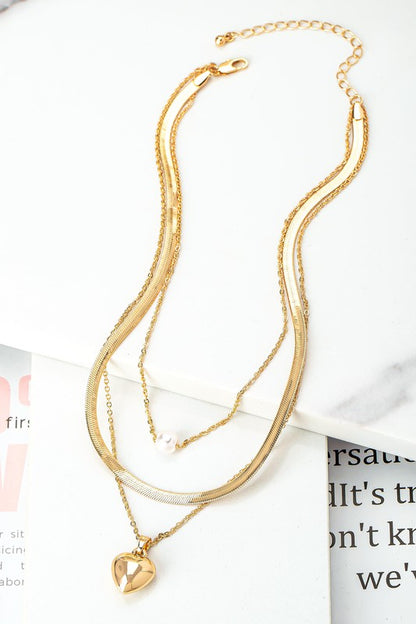 3 row herringbone chain pearl and puffy heart