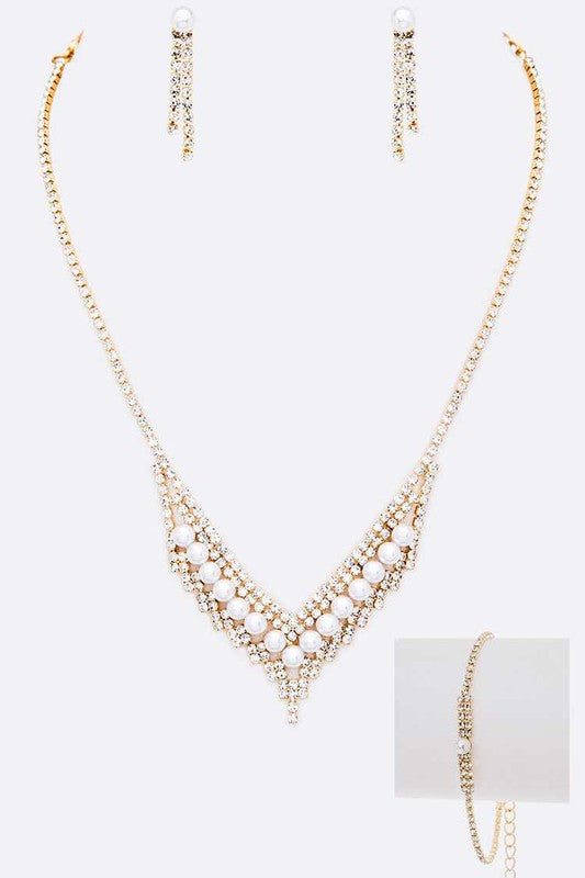 3 PC Pearl Accent Rhinestone Necklace Set